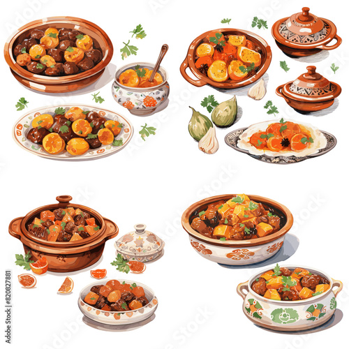 Traditional Moroccan tagine dishes with meat, vegetables, and aromatic spices, served in clay pots. Perfect for food photography, Middle Eastern cuisine, and authentic gourmet meals.