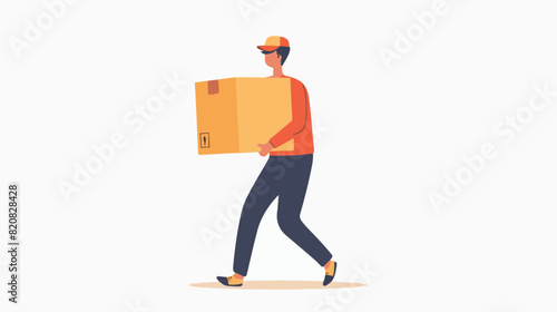 Man courier carrying carton box. Loader going holding