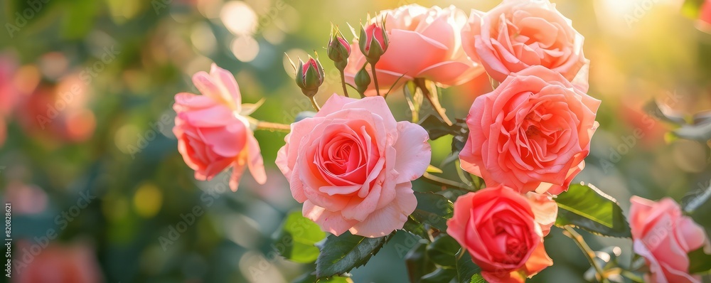 Blooming pink roses in golden light Blooming pink roses in golden light