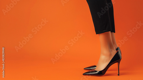 Leg of young woman in stylish black shoe on orange background