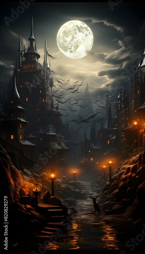 Halloween background with full moon and haunted castle. Vector illustration.