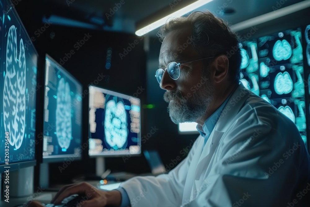 A man in a lab coat is looking at a computer monitor displaying a brain scan A man in a lab coat is looking at a computer monitor displaying a brain scan