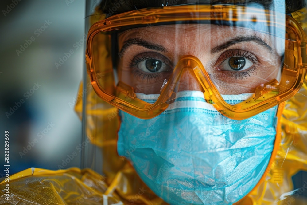 A woman wearing a yellow and blue mask and goggles A woman wearing a yellow and blue mask and goggles