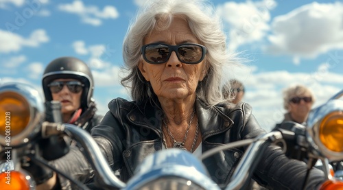 Group of elegant elderly women wearing sunglasses and leather jackets riding on motorcycles. © James