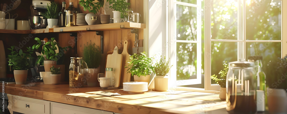 Cozy kitchen with wooden shelves, plants, and natural light through large windows Cozy kitchen with wooden shelves, plants, and natural light through large windows