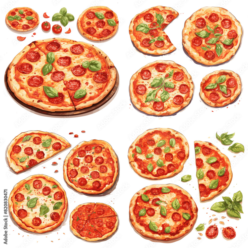 Set of the best Italian pizzas isolated on white background. Vector illustrations of pizzas Set of the best Italian pizzas isolated on white background. Vector illustrations of pizzas