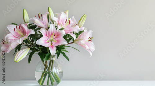 Beautiful bouquet of lily flowers in vase on light tab