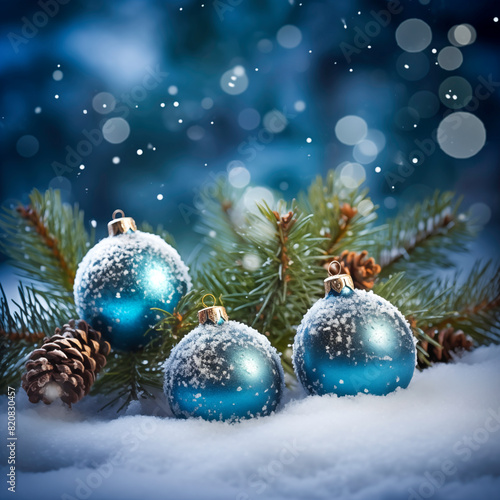 Merry Christmas Baubles On Snow  blue christmas background