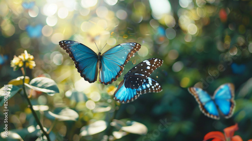 Beautiful common morpho butterflies flying in green © Rimsha