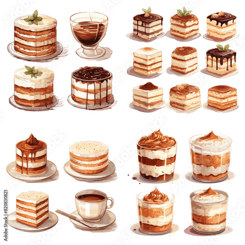 Delicious tiramisu and layered cake illustration with creamy textures, coffee cups, and chocolate drizzle, perfect for dessert menus, food packaging, and culinary artwork.