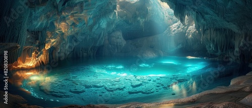 A large blue pool with a cave in the background