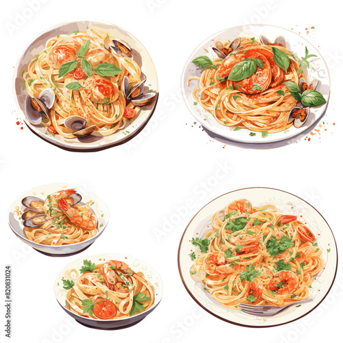 Collection of tasty italian pasta with seafood. Isolated on a white background.
