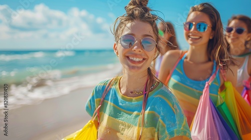 Happy young women voluntarily cleaning a polluted environment. Young women in rainbow beachwear, holding colorful trash bags, smiling, vibrant pride flags photo
