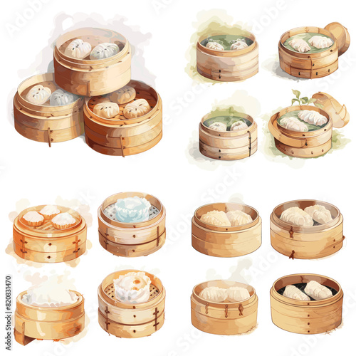 Set of images steamer icons set cartoon vector. Chinese appliances.
