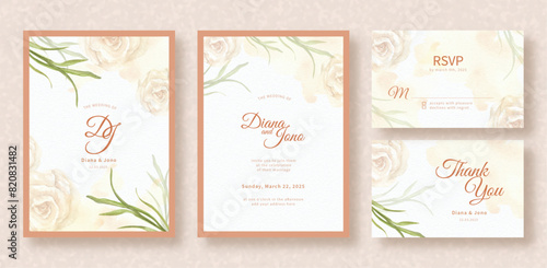 invitation card with tropical leaves and white roses hand painting background