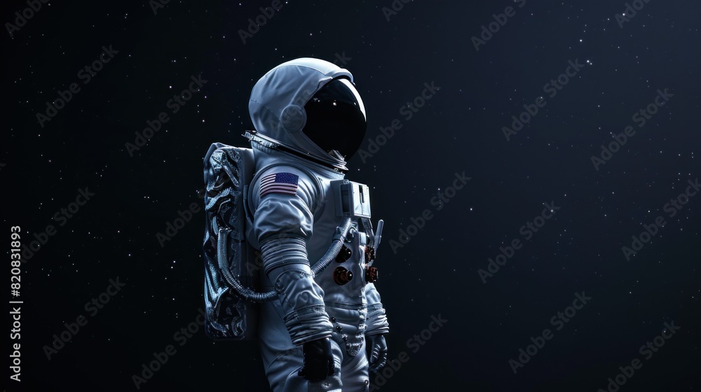 Astronaut at the spacewalk on the moon. Neon light with reflections in the glass of the suit Astronaut at the spacewalk on the moon. Neon light with reflections in the glass of the suit
