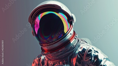 Astronaut at the spacewalk on the moon. Neon light with reflections in the glass of the suit photo