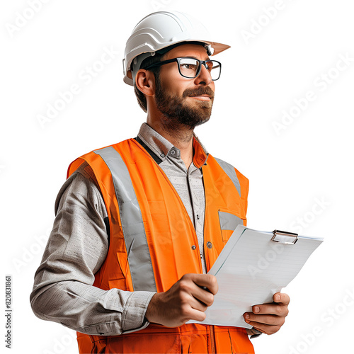 Engineer in Safety Vest Holding Clipboard on Transparent Background