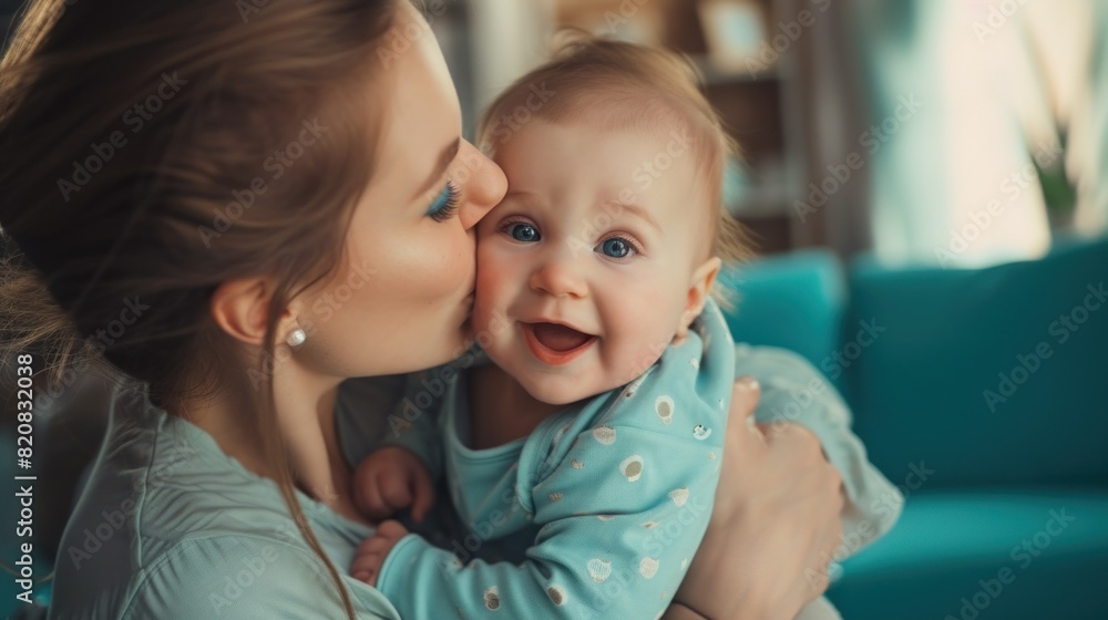 Happy family. Laughing mother lifting her adorable newborn baby Happy family. Laughing mother lifting her adorable newborn baby