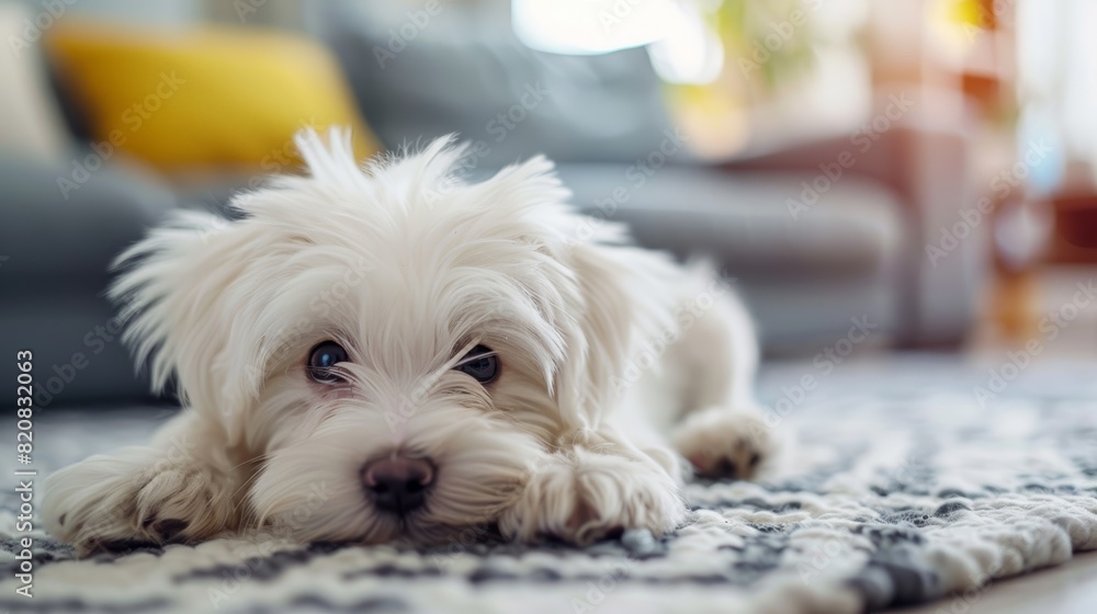 Cute white puppy lying on a patterned rug in a cozy living room with sunlight Cute white puppy lying on a patterned rug in a cozy living room with sunlight