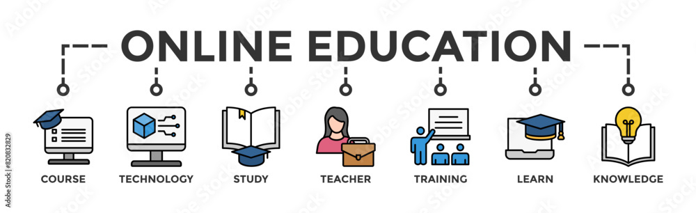 Online education banner web icon vector illustration concept with icon of course, technology, study, teacher, training, learn and knowledge Online education banner web icon vector illustration concept with icon of course, technology, study, teacher, training, learn and knowledge