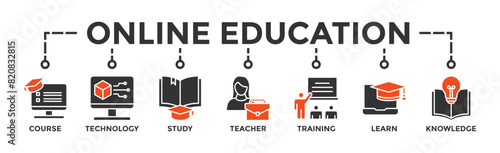 Online education banner web icon vector illustration concept with icon of course, technology, study, teacher, training, learn and knowledge