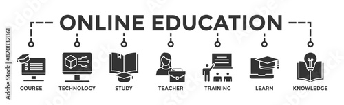 Online education banner web icon vector illustration concept with icon of course, technology, study, teacher, training, learn and knowledge