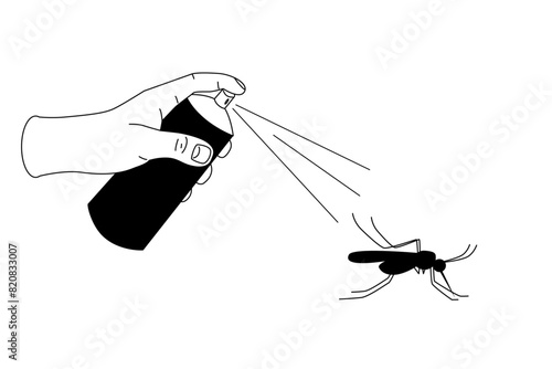 Hand spraying insect repellent on mosquito. Stop mosquito spray. Vector illustration for insect control, health safety, and informational posters. Aerosol from parasite. 