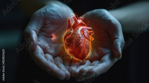 A human heart floating in the palm of two hands, illuminated by medical science holograms.