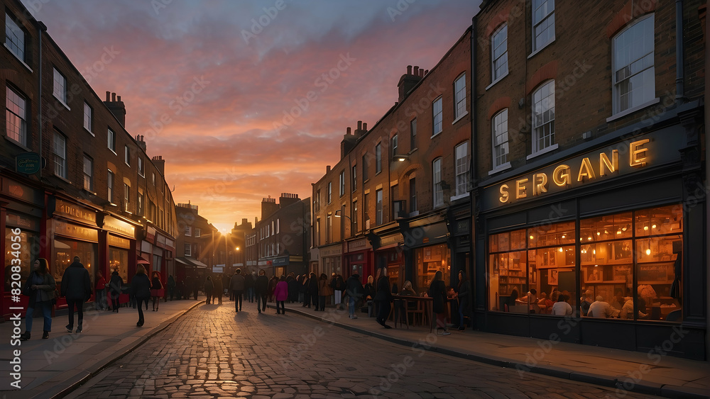 Obraz premium A vibrant street scene with people at cafes under an exceptional sunset sky