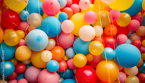 Vibrant balloons in red  yellow  blue  pink  and orange  densely packed  creating a festive and cheerful atmosphere