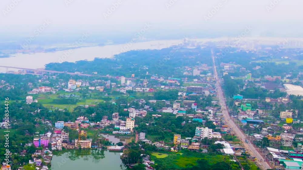 Panoramic Aerial View Of Growing Urbanization In Barisal, Bangladesh Along Kirtankhola Riverbanks. Panoramic Aerial View Of Growing Urbanization In Barisal, Bangladesh Along Kirtankhola Riverbanks.