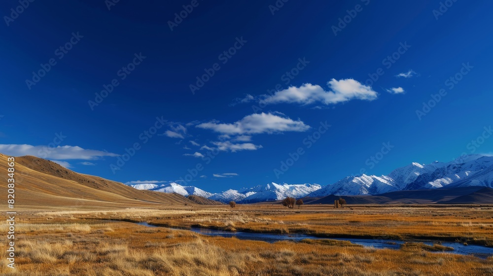 Solitary Wilderness with Snow-Capped Mountains, Tall Trees, Meandering Stream, and Deep Blue Sky Reflecting Tranquility and Contemplation Solitary Wilderness with Snow-Capped Mountains, Tall Trees, Meandering Stream, and Deep Blue Sky Reflecting Tranquility and Contemplation