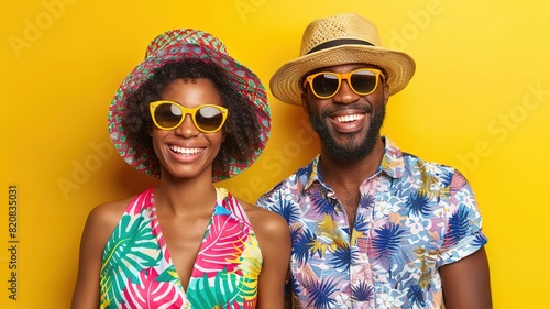 couple smiling and wearing holiday hats and summer holiday clothes