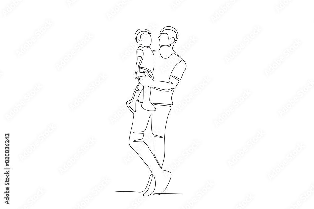 Father looking at his son while being carried. Father's day one-line drawing