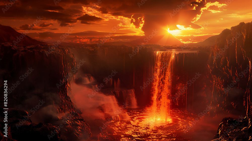 Fiery lava waterfall cascading against a sky ablaze, with an erupting volcano ominously looming in the background - a truly frightening natural spectacle.	

