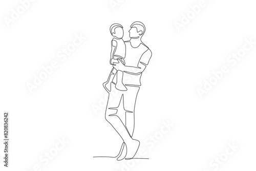 Father looking at his son while being carried. Father's day one-line drawing