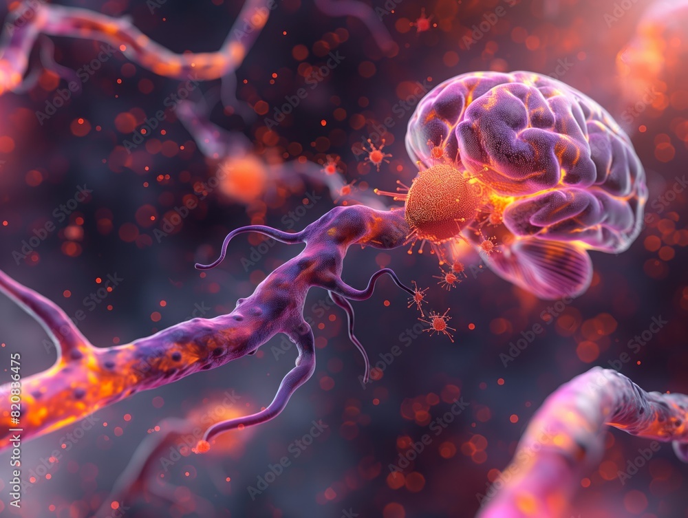A brain is surrounded by a bunch of purple and orange tentacles A brain is surrounded by a bunch of purple and orange tentacles