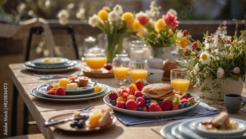 Elegant Outdoor Spring Brunch Table SettingFresh Flowers and Delicious Food