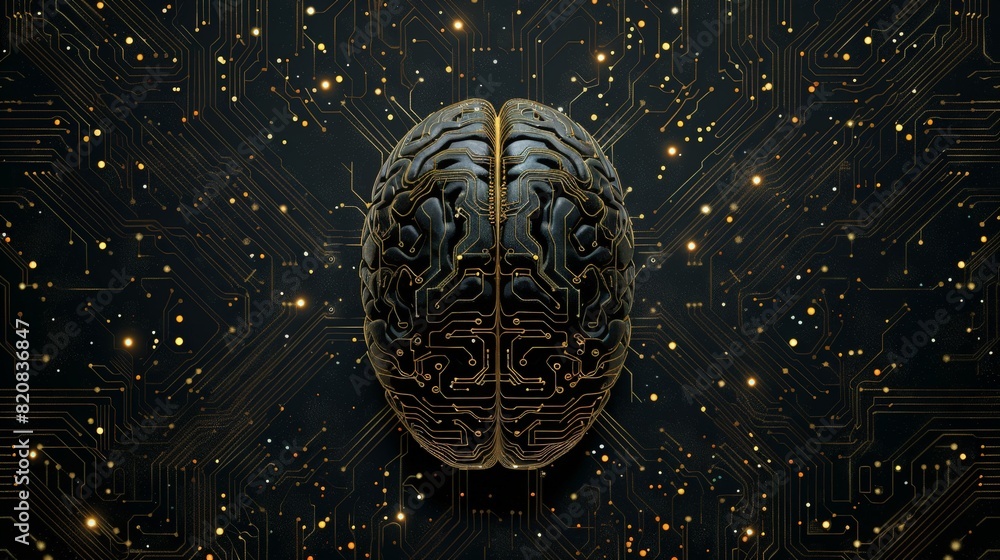 Digital brain made of circuit board, vector illustration on black background. Illustration concept for artificial intelligence technology and machine learning with golden elements. Digital brain made of circuit board, vector illustration on black background. Illustration concept for artificial intelligence technology and machine learning with golden elements.