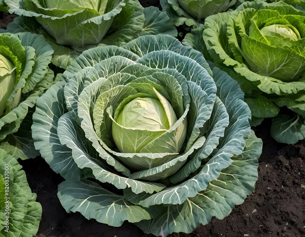 Fototapeta premium heads of white cabbage grow in the garden beds in the summer