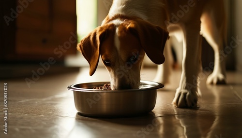 A brown and white dog is seen in the image, eating out of a water dish on the floor. The dog looks content as he consumes his food. photo