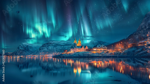 Village  aurora borealis in the sky  sea  short exposure photography  vibrant colors  beautiful. High Quality  Hyper Detailed