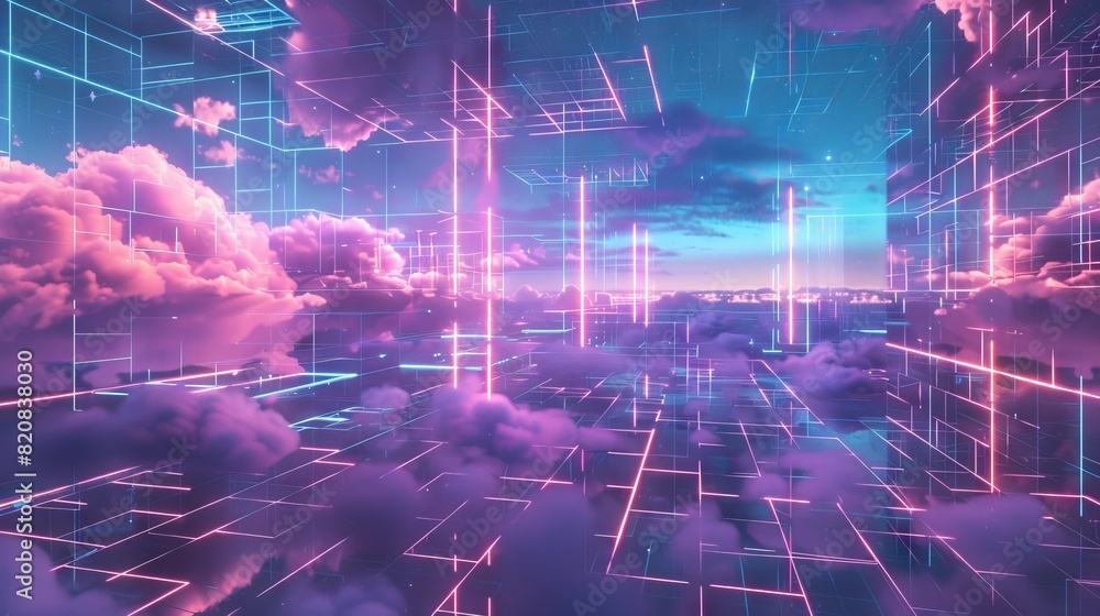 Obraz premium Digitized Dreamscape Flowing Grid of Neon Light