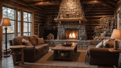 Rustic Log Cabin Living RoomLarge Stone Fireplace - Cozy Home Decor Inspiration