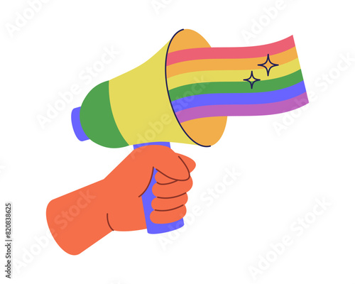 Hand holding Megaphone with rainbow LGBTQ flag