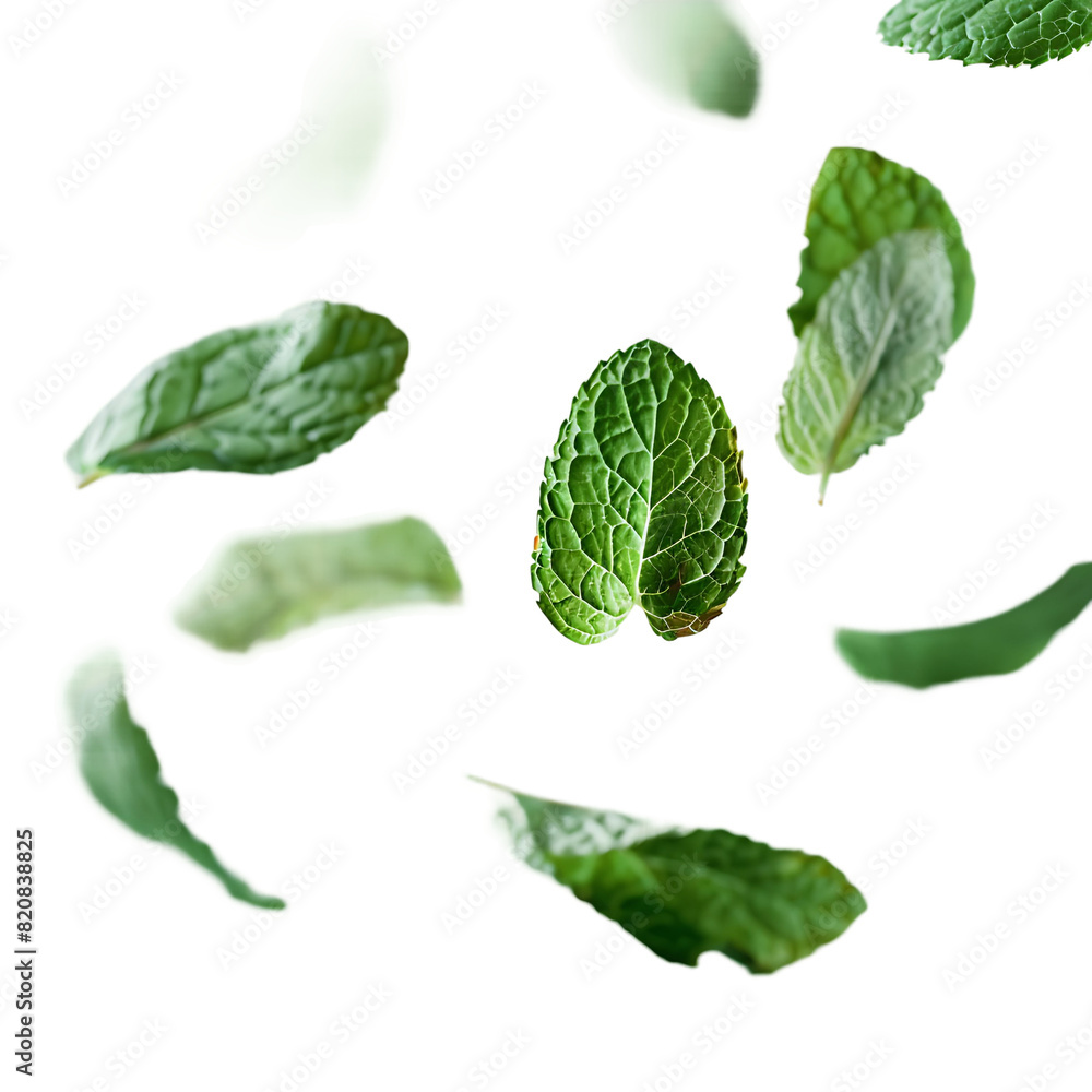 floating mint leaves with some blur on transparent background floating mint leaves with some blur on transparent background