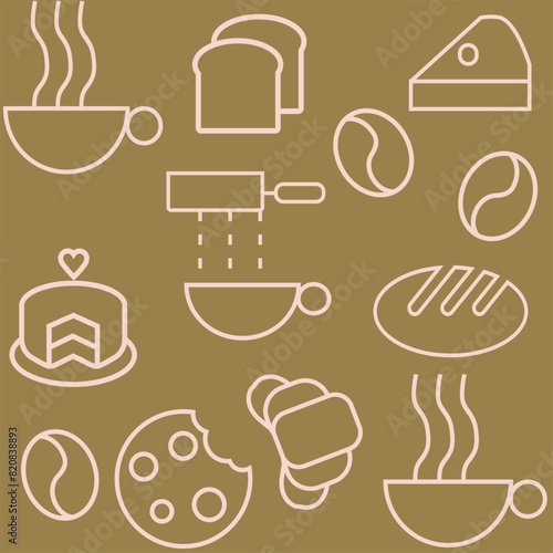 Hand drawn illustration of Bakery and Coffee. Icons. Abstract geometric line background. Gold luxury. Pattern for cover design, food package, menu, background, café wall, coffee shop, web banner