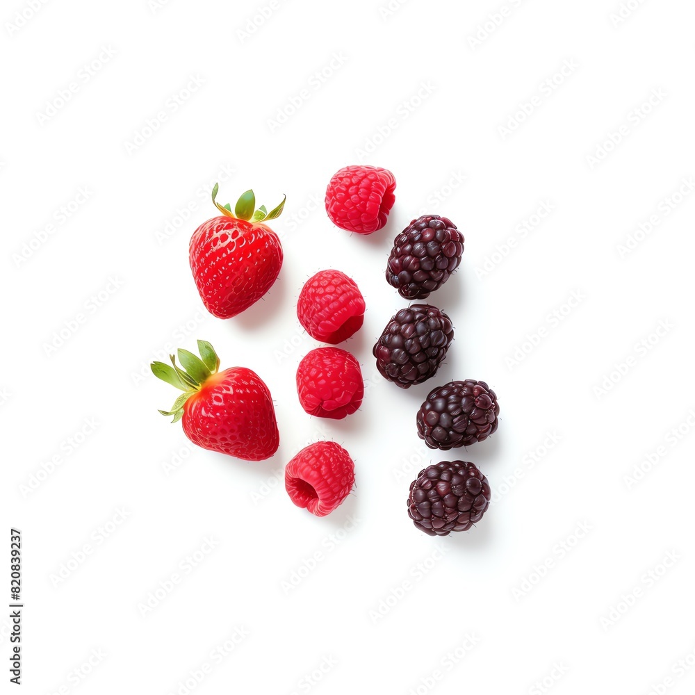 Top view of fresh strawberries, raspberries, and blackberries isolated on a white background. Perfect for healthy eating and fruit-related projects. Top view of fresh strawberries, raspberries, and blackberries isolated on a white background. Perfect for healthy eating and fruit-related projects.