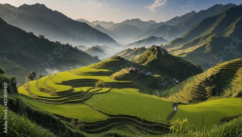 Panoramic View of Beautiful Chinese Terraced Rice Fields in Lush Greenery